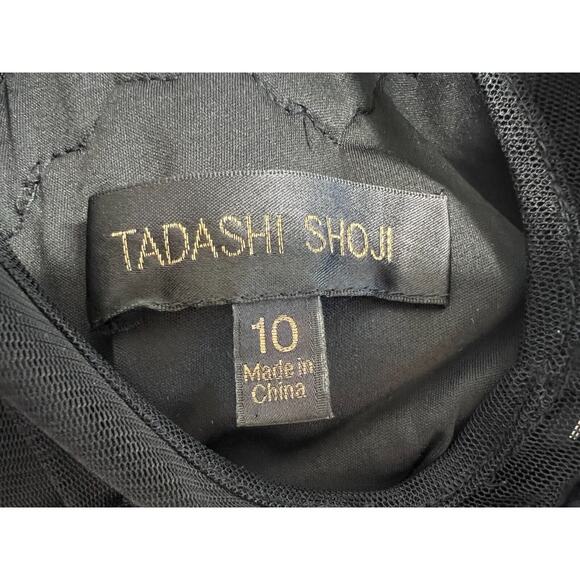 Tadashi Shoji Sequin Illusion Midi Dress Womens Sz 10 Mesh Belted Black Cocktail - Picture 11 of 12